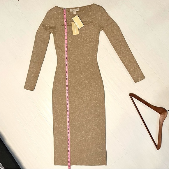 NWT Michael Kors Formfitting Long Sleeved Gold Y2K Knit Midi Dress, size Small - Picture 7 of 16
